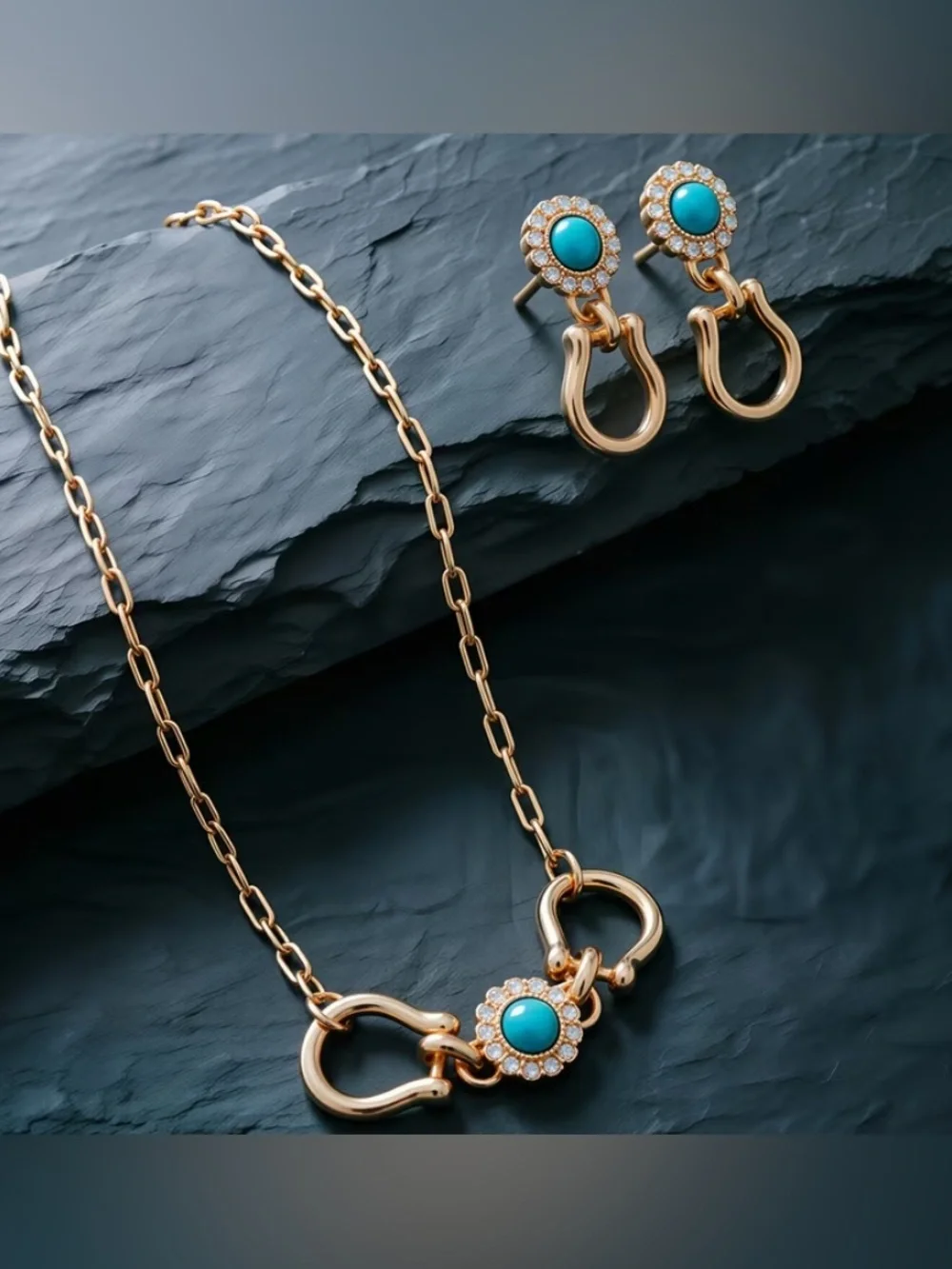 Gold Plated 18K Western Horse Bit Style Necklace & Earrings Turquoise Accents